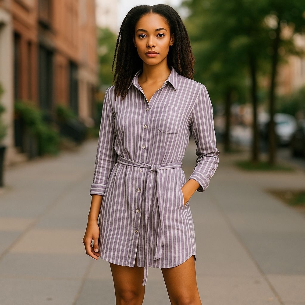 Ralph Lauren Striped Long Sleeve Dress - Purple and‎ White